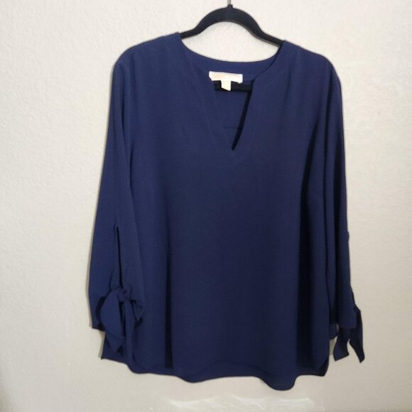 Michael Michael Kors Blouse Womens XL Navy Blue Split Neck Tie Cuff Long Sleeve - Picture 1 of 12